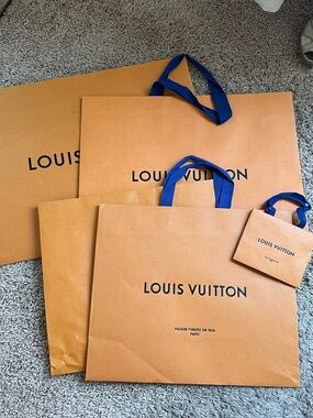 Louis Vuitton Orange Shopping Bags with Blue Ribbon Handles